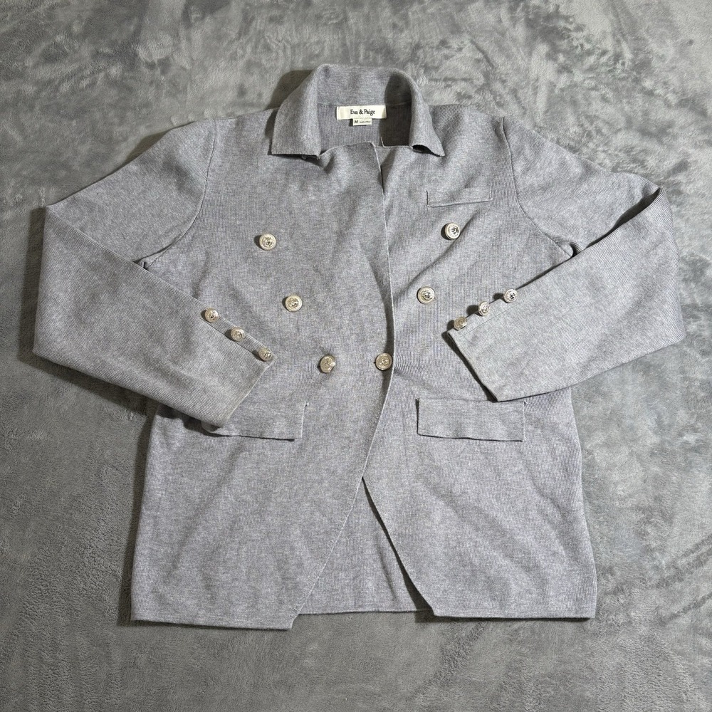 Eva & Paige Grey Elegant Plaid Cardigan Pockets Silver Buttons 3/4 Length Medium